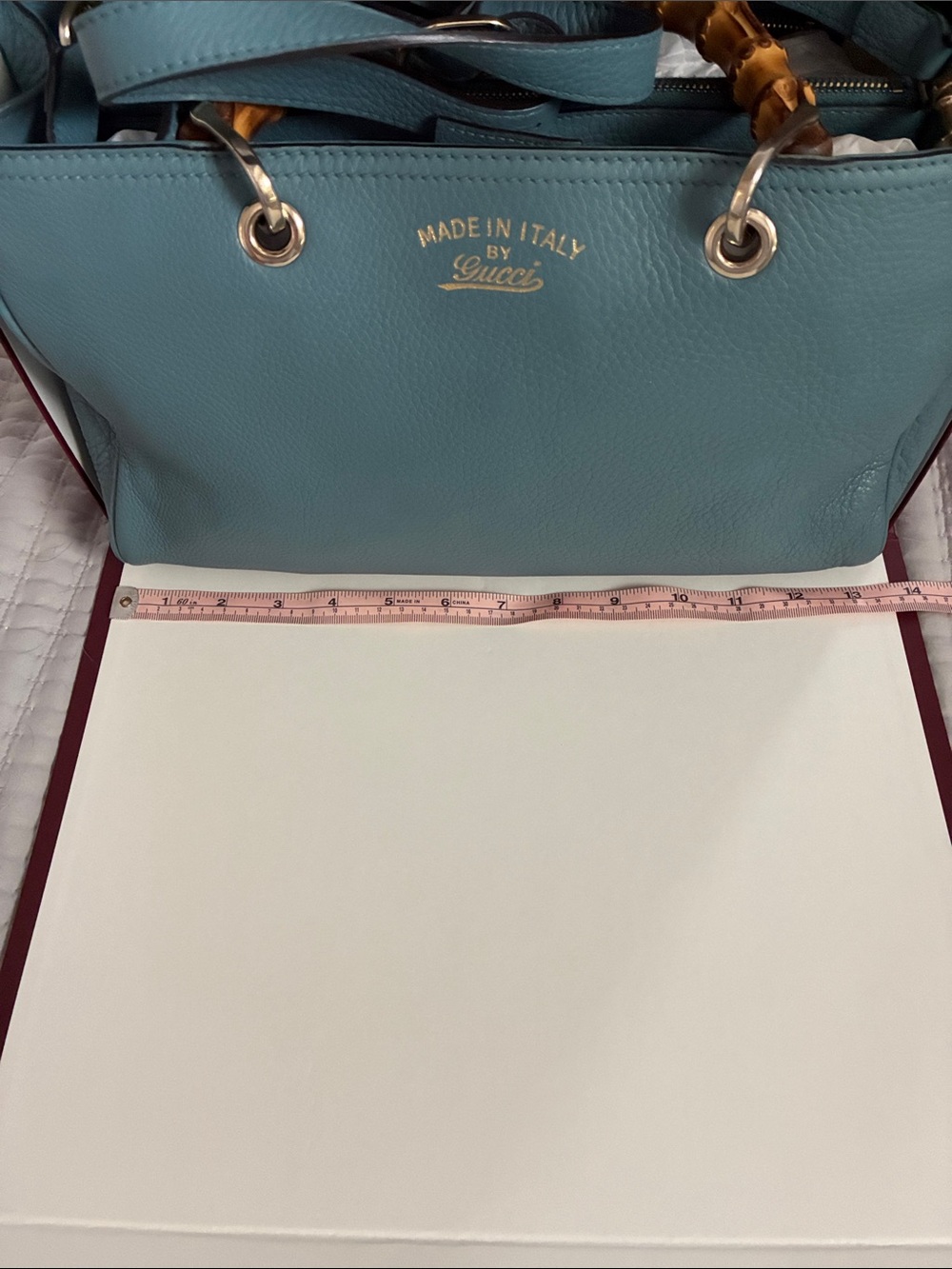 Gucci Light Blue Pebbled Leather Satchel with Bamboo Handles - Picture 13 of 16